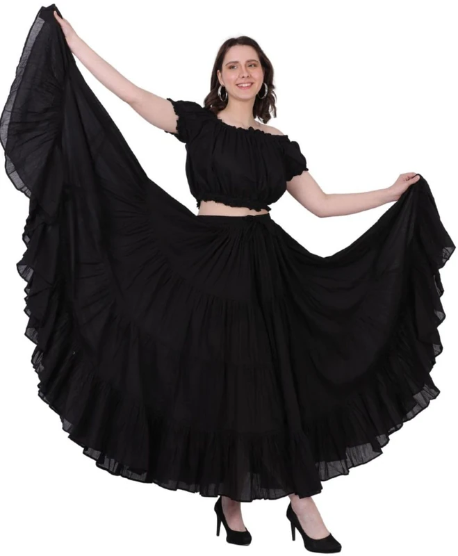 Wevez Women's Gypsy 25 Yard Solid Color Cotton Skirt Free Size Black