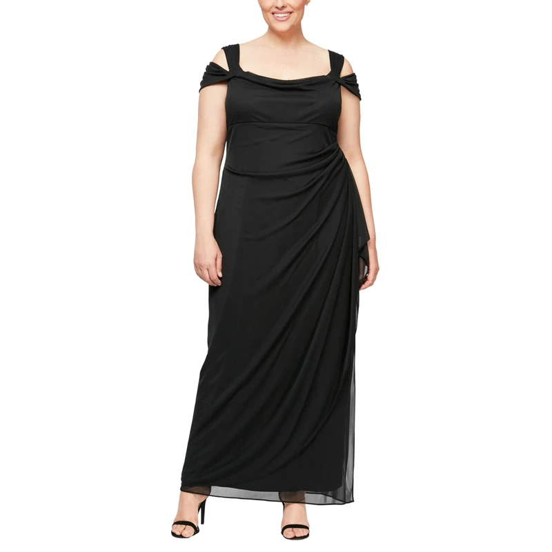 Alex Evenings Women's Plus-Size Long Cold Shoulder Dress with Side Ruched Skirt, Black, 14W