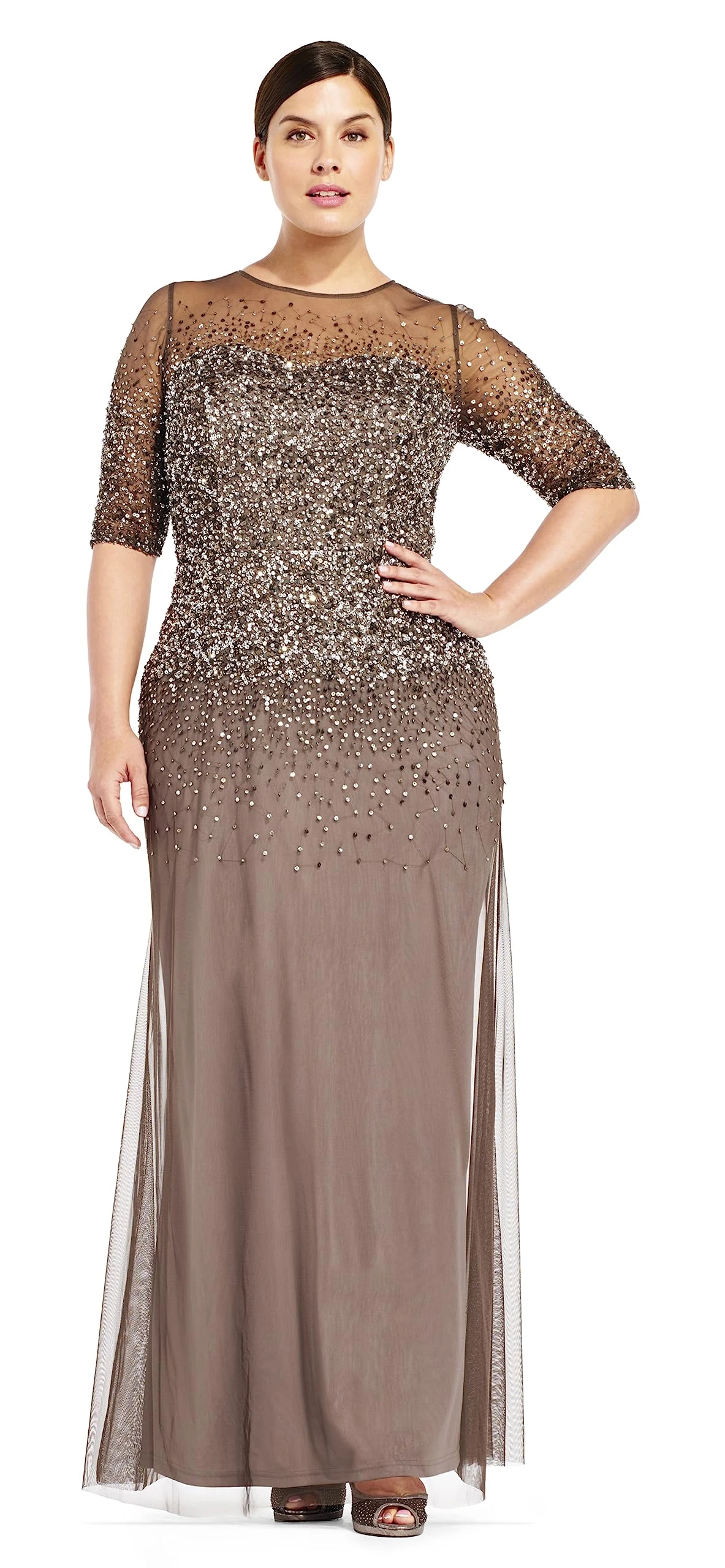 Adrianna Papell Women's Plus-Size 3/4 Sleeve Beaded Illusion Gown with Sweetheart Neckline Special Occasion Dress, Lead, 22