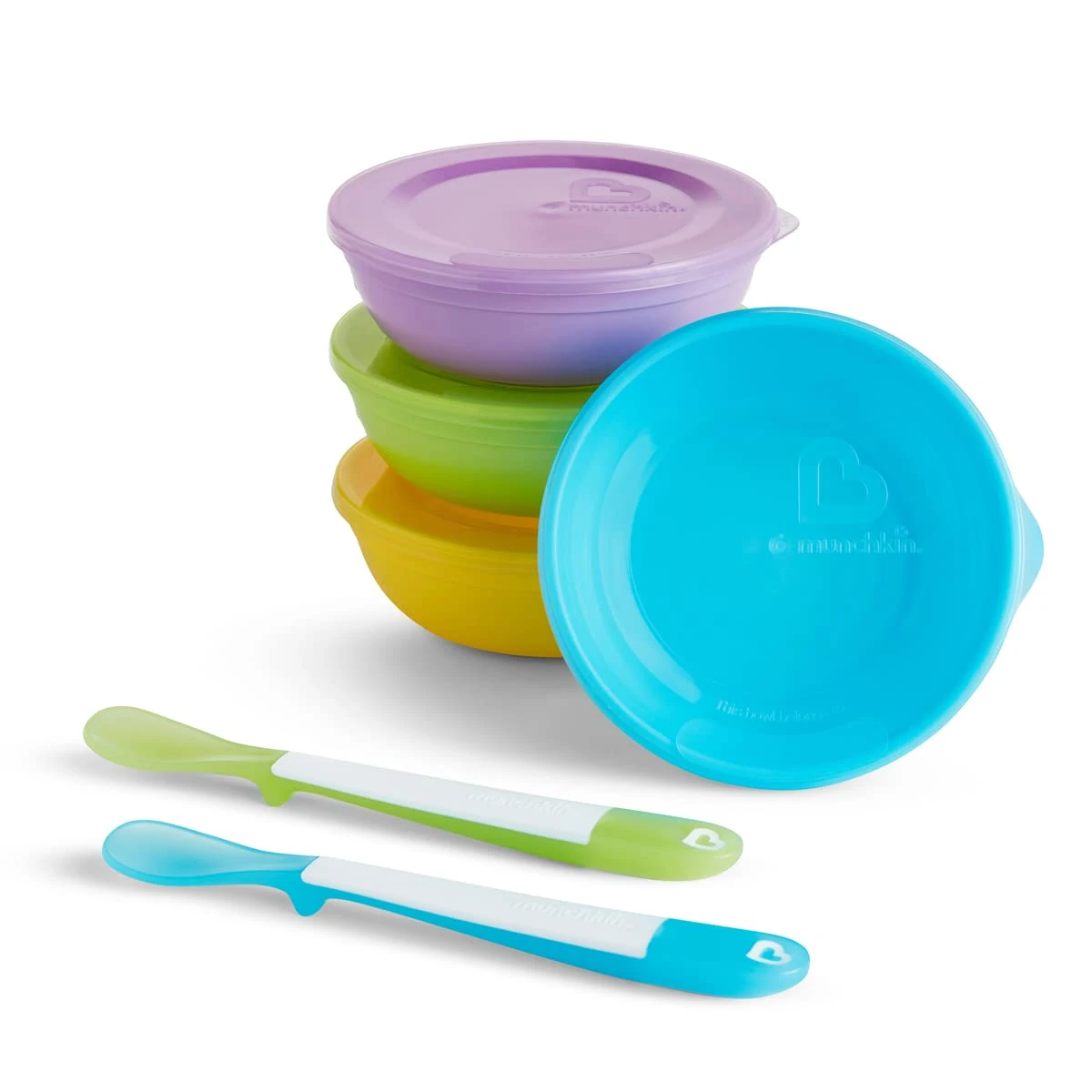 Munchkin Love A Bowls Toddler & Baby with Lids, Bright Plastic Feeding Food Storage Containers, Dishwasher Safe Bowls, Weaning Spoons - 4 Pack (Multi Colour)