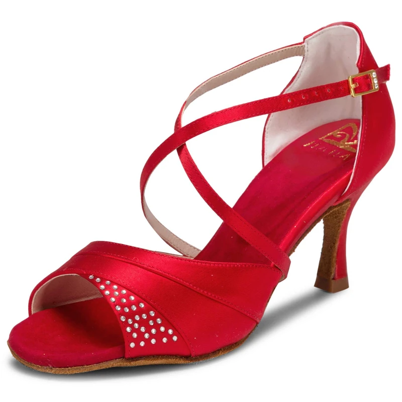 JIAJIA 20522 Latin Women's Sandals 2.95'' Flared Heel Super Satin Dance Shoes Color Red,Size 5 UK / 38 EU
