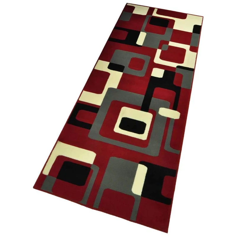 HANSE Home Retro Living Room Rug Short Pile Graphic Pattern Modern Abstract Design Velour Rug for Dining Room, Living Room, Children's Room, Hallway, Bedroom, Kitchen - Red Grey, 80 x 300 cm