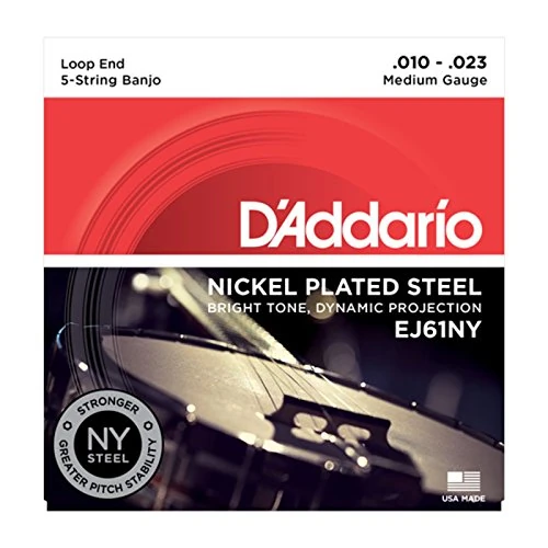 D'Addario Banjo Strings, Nickel-Plated Steel, EJ61NY, Medium Gauge 10-23, 5-String Set, Pack of 1