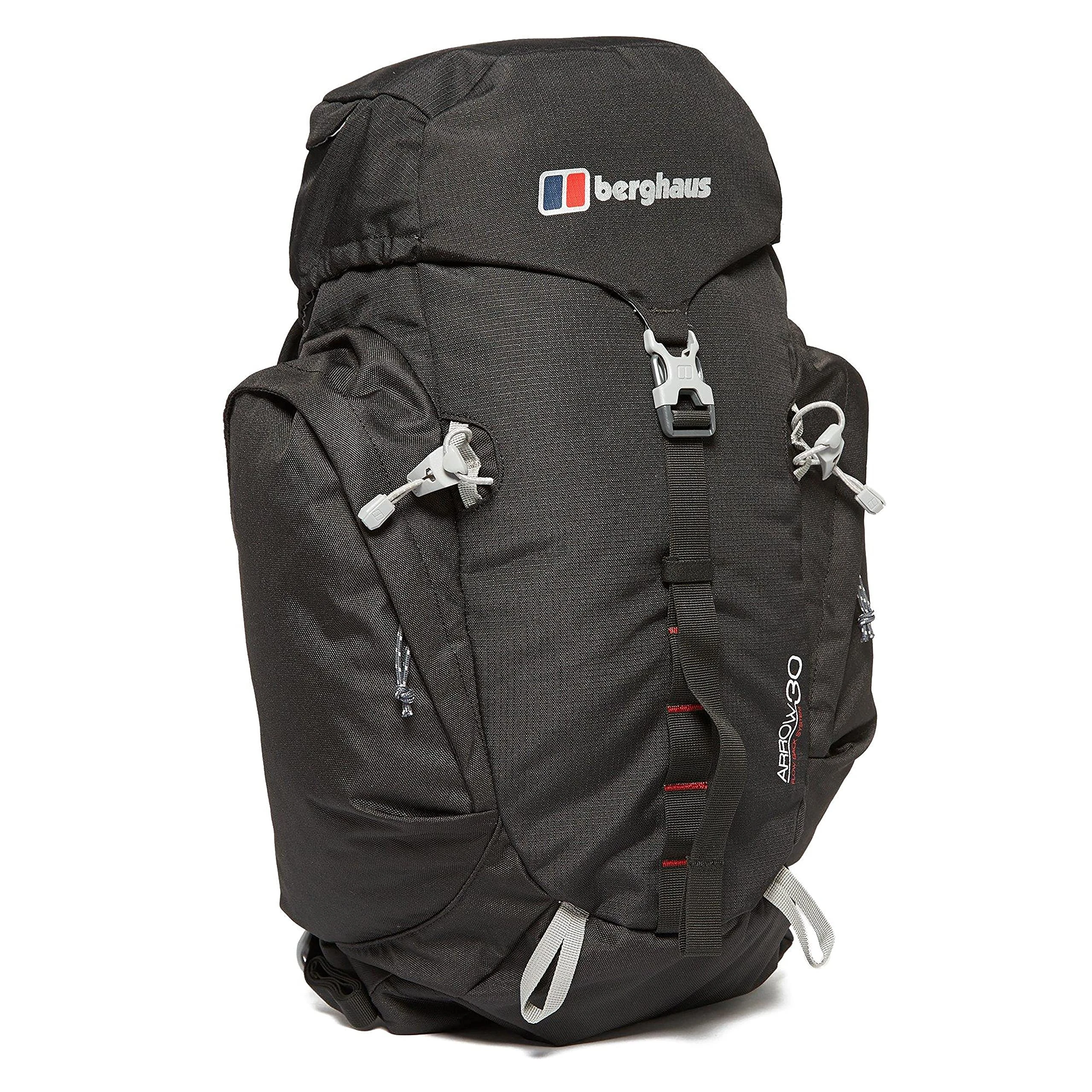 Berghaus Arrow 30 Litre Rucksack | Compact, Breathable Backpack, Travel and Camping Bag | Rain Cover Backpack, Black/Extrem Red, One Size