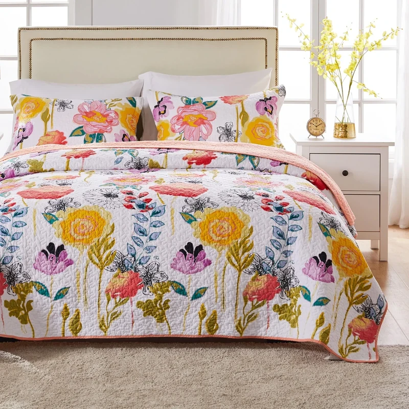 Greenland Home Fashions 100% Cotton Modern Floral Quilt Set, White, 3-Piece Full/Queen