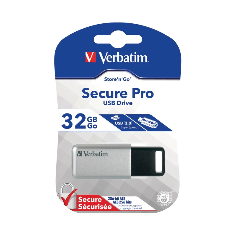 VERBATIM Store 'n' Go Secure Pro USB-Stick - USB-3.2 Gen 1-32GB - memorystick with password-protection - USB-3-stick with encryption - external storage for laptop notebook & co - silver