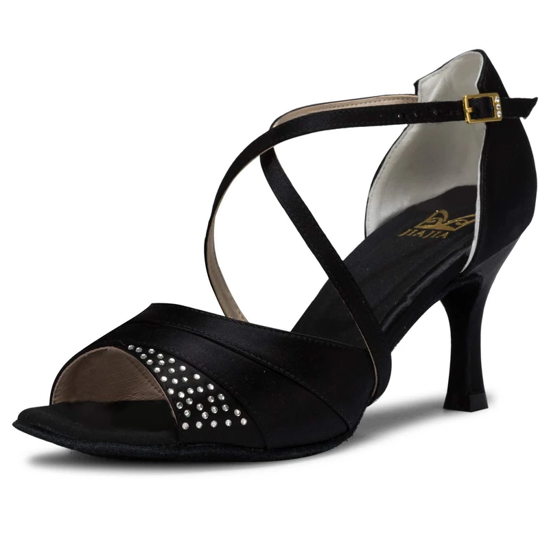 JIAJIA 20522 Latin Women's Sandals 2.95'' Flared Heel Super Satin Dance Shoes Color Black,Size 5 UK / 38 EU