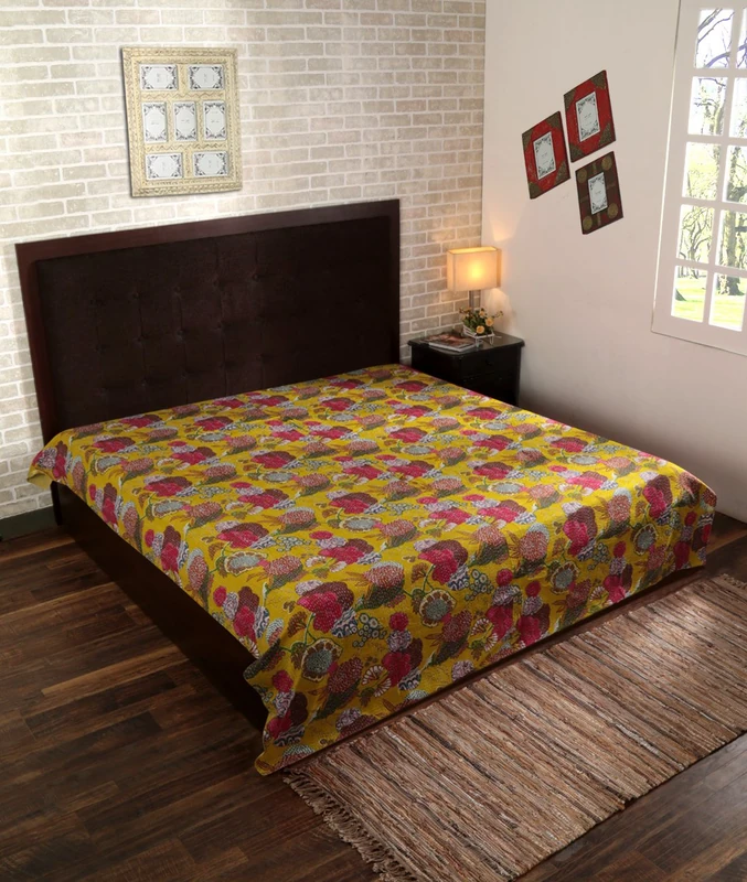 Rajrang BST02321 Fruit Prt with Kantha Green Cotton Bedspread