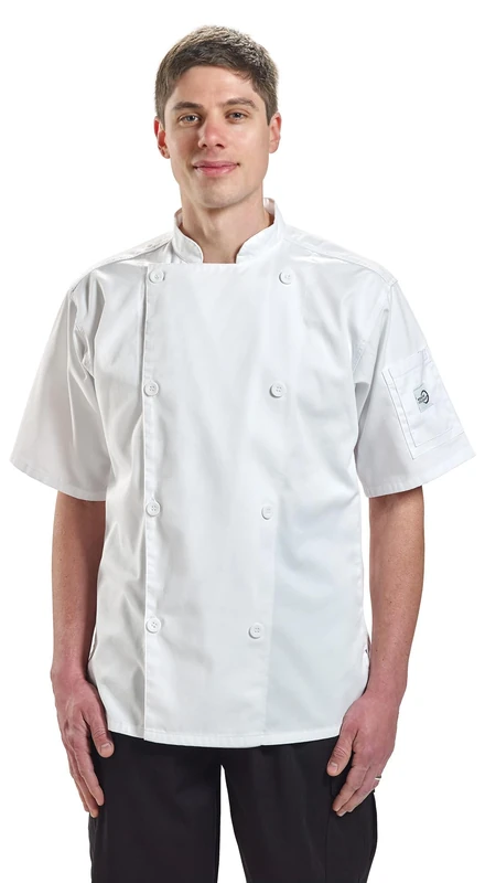 Mercer Culinary M61012WHM Genesis Unisex Short Sleeve Chef Jacket with Traditional Buttons, Medium, White - Image 1