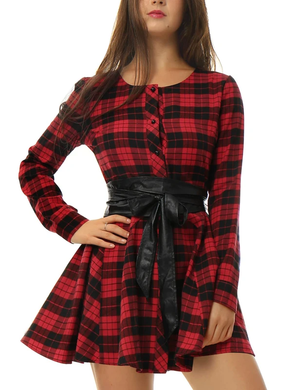 Allegra K Women's Plaids Long Sleeves Button Down Belted Party Mini A-Line Shirt Dress Red M