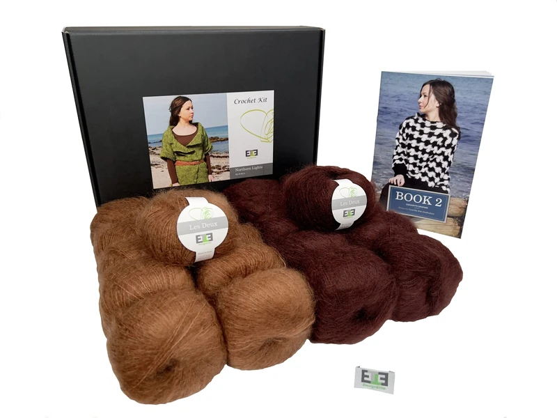 DesignEtte Crochet Kit Northern Lights 100 Percent Raw Silk And Super Kid Mohair Small Mocha/Brown No-S-9314 Includes Yarn Pattern Booklet And A Label, XS/S - Image 1