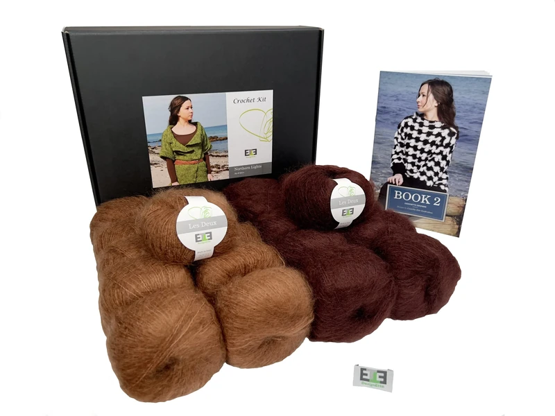 DesignEtte Northern Lights Crochet Cardigan Kit Pattern Book and Yarn Pack for Adults 100 Percent Pure Raw Silk 50g≈250m/4ply and Superkid Mohair 25g≈220m/2ply Mocha/Brown, M/L
