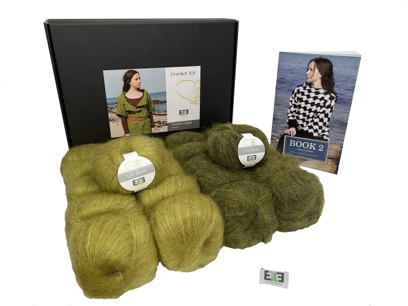 DesignEtte Crochet Kit Northern Lights 100 Percent Raw Silk and Super Kid Mohair Small Green Flash/Olive No-S-9314 Includes Yarn Pattern Booklet and A Label, XS/S