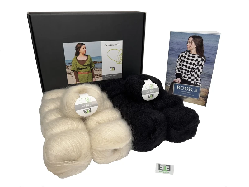 DesignEtte Crochet Kit Northern Lights 100 Percent Raw Silk and Super Kid Mohair Small Ecru/Black No-S-9314 Includes Yarn Pattern Booklet and A Label, XS/S