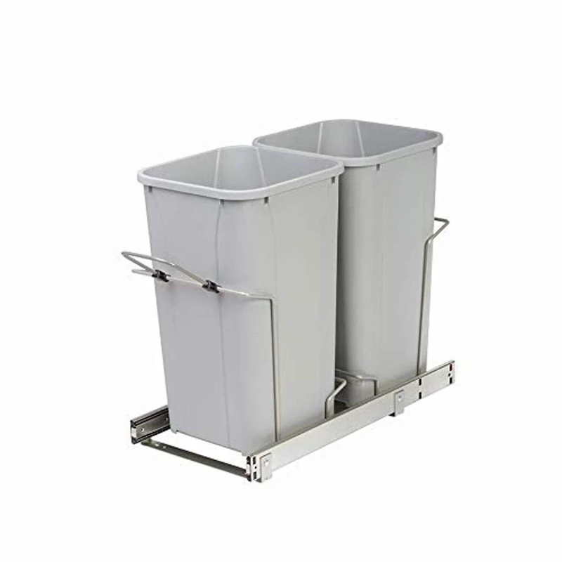 Knape & Vogt 11 in. x 22 in. x 18.75 in. 27 Qt. In-Cabinet Double Soft-Close Bottom-Mount Pull-Out Trash Can-Platinum, Steel Slides Plastic Waste Containers