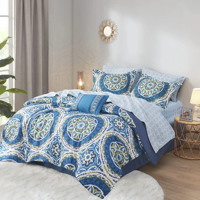 Madison Park Essentials Serenity Bed in a Bag Comforter Set, Medallion Damask Design, All Season Bedding with Cotton Sheet Set, Bedskirt, Cal King(104"x92"), Blue 9 Piece - Image 1