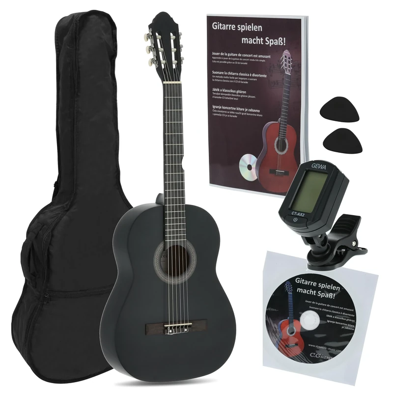 Juan Miguel Navarrez concert guitar, classical guitar, 4/4 black, starter set (incl. bag, picks, book with CD, tuner)