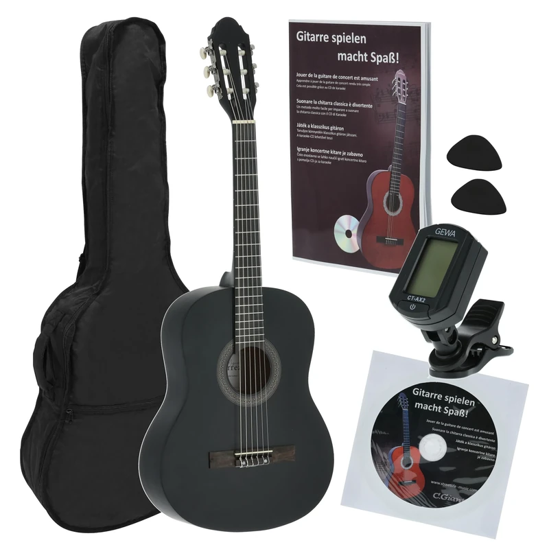 Juan Miguel Navarrez concert guitar, classical guitar, 3/4 black, starter set (incl. bag, picks, book with CD, tuner)