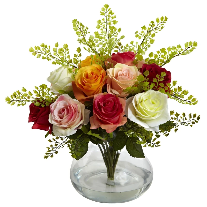 Nearly Natural 1366-AS Rose and Maiden Hair Arrangement with Vase, Assorted,10.125'' x 17.5'' x 10.125''