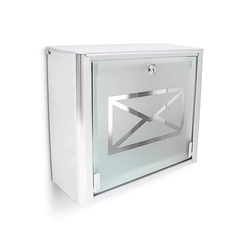 Relaxdays Mailbox with Frosted Glass Door, Stainless Steel Letterbox, Locking, HxWxD: 30.5 x 35.5 x 14 cm, Silver/Grey