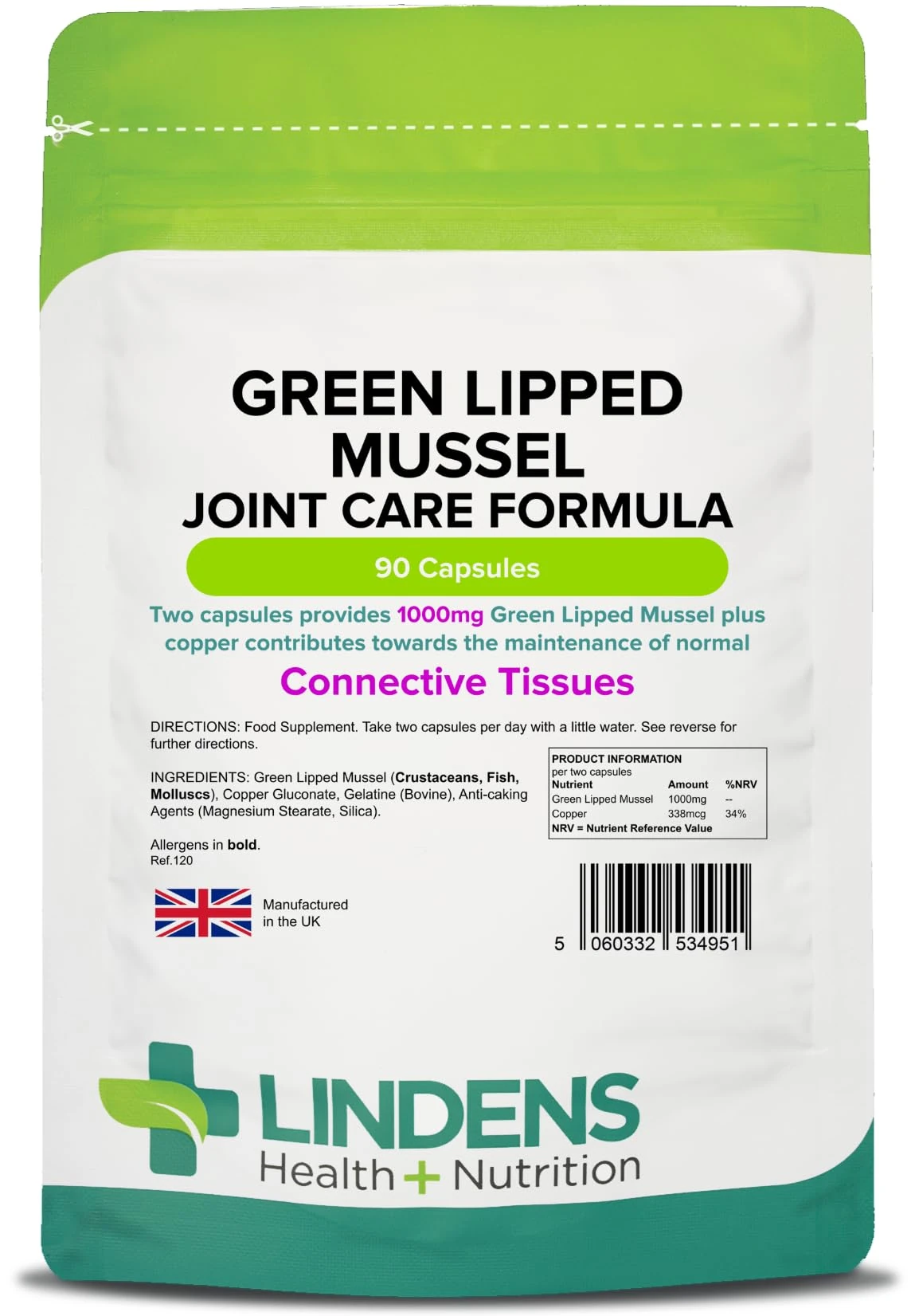 Lindens Green Lipped Mussel 500mg Capsules - 90 Pack - Joint Care Formula in Convenient, Rapid Release Capsules - UK Manufacturer, Letterbox Friendly, Cream