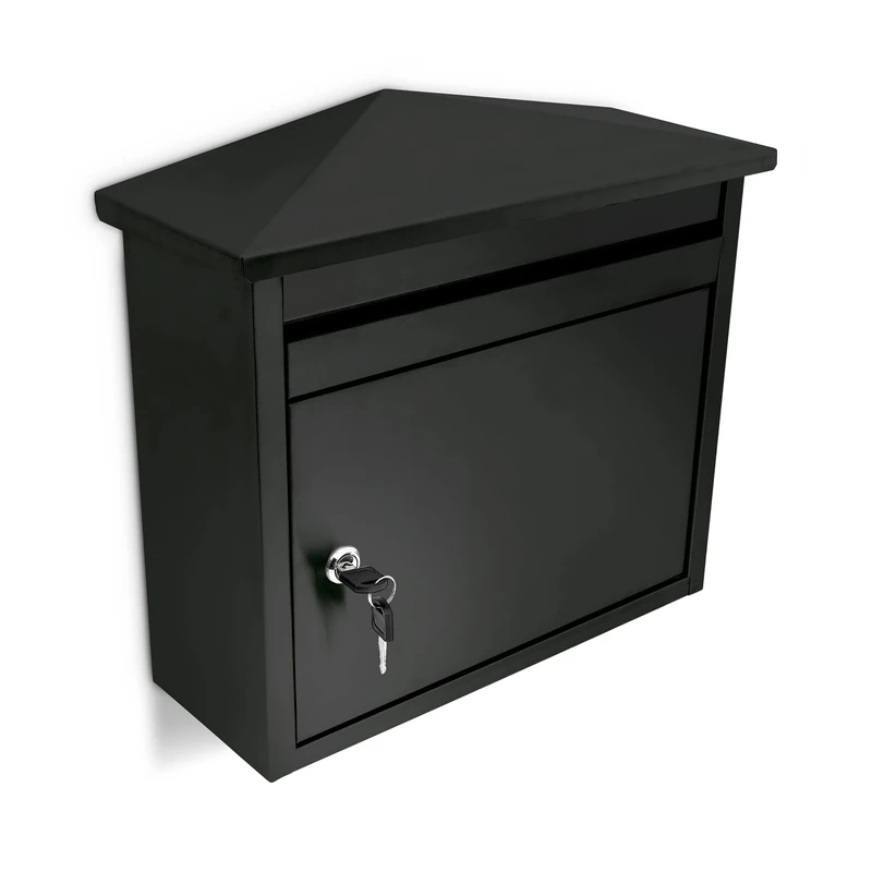 Relaxdays Letter Box, 41 x 37 x 16 cm, Powder Coated Metal, Wall Mounted Mailbox, Weather-Resistant Iron, Black