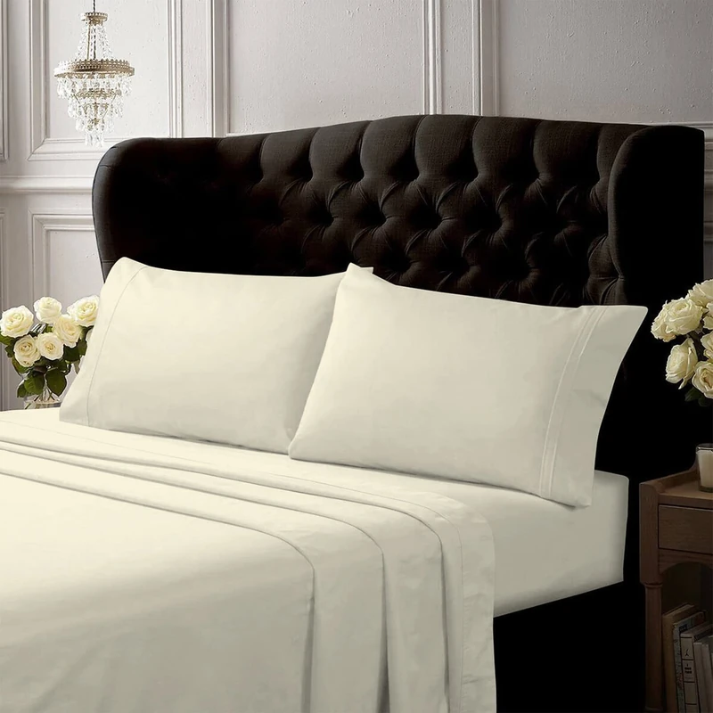 Tribeca Living Egyptian Cotton Percale 300 Thread Count Deep Pocket Sheet Set, Queen, Ivory