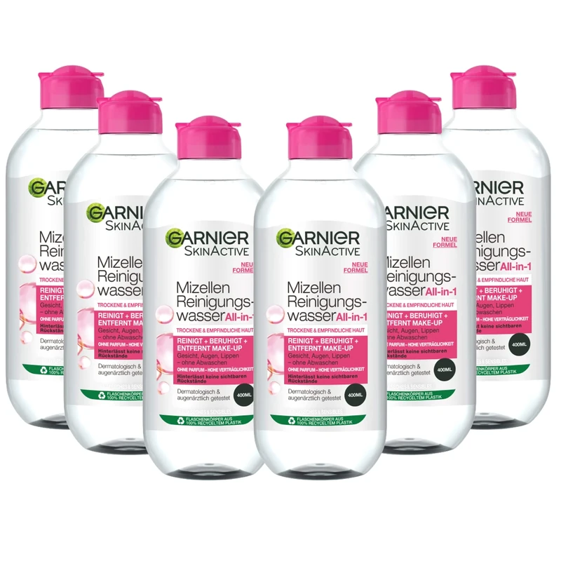Garnier Micelles Cleansing Water & Facial Cleanser for Dry and Sensitive Skin (Best Compatibility, and Perfume) 6 x 400 Ml