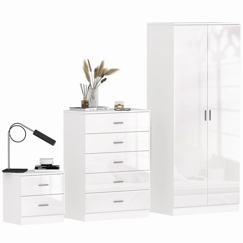 HOMCOM High Gloss 3 Piece Trio Bedroom Furniture Set Wardrobe + Chest Of Drawer + Bedside White - Image 1