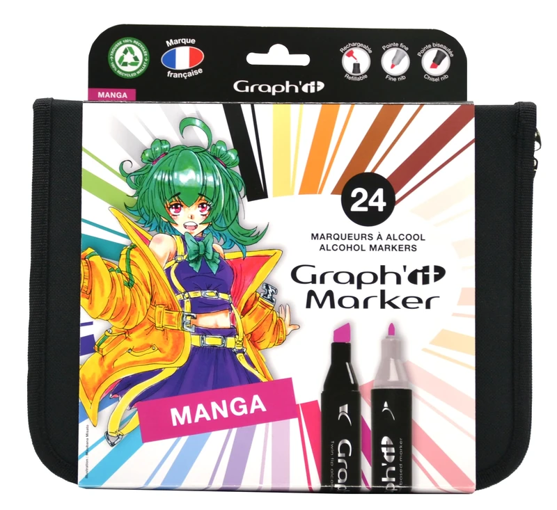 Pack of 24 Graph'it Twin-Tip Alcohol Marker Pens Manga Colors