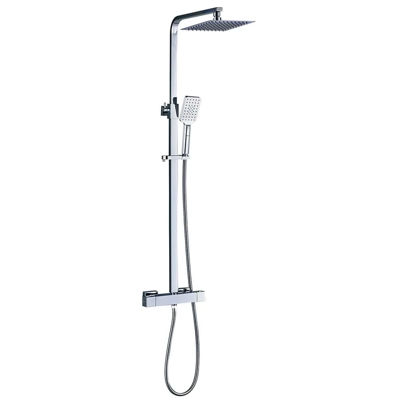 Extra Flat Thermostatic Shower Column Square Design Height Adjustable from 80 to 120 cm with Tap, 20 x 20 cm Spray Head and Square Shower Handle, Chrome Finish, Guaranteed Replacement Parts