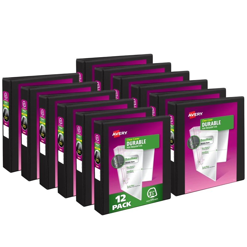 Avery Durable View 3 Ring Binders, 1.5 Inch Slant Rings, 375-Sheet Capacity, DuraHinge, 2.1 Inch Wide Spines, Customizable Clear Covers and Spines, Black Binders (12-Pack of 17021)