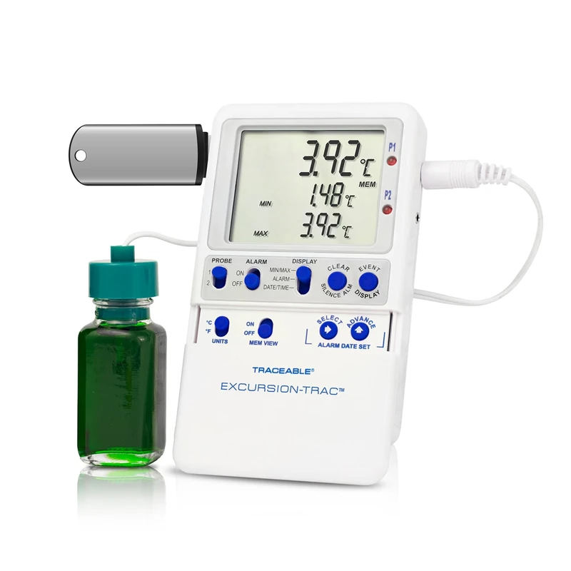 Cole-Parmer - Traceable Excursion-Trac - Data Logging Digital Thermometer - Medical & Scientific Fridge Thermometer, 1 Glass Bottle Temperature Probe - LCD Screen, -50°C to 70°C / -58°F to 158°F