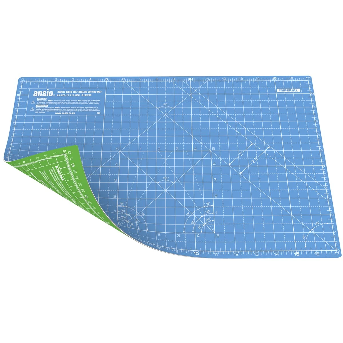 ANSIO Craft Cutting Mat Self Healing A3 Double Sided 5 Layers - Quilting, Sewing, Scrapbook, Fabric & Papercraft - Imperial/Metric 17 Inch x 11 Inch / 42cm x 27cm - Sky Blue/Lime Green