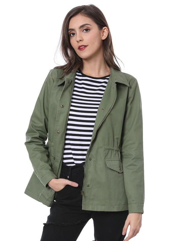 Allegra K Women's St. Patrick's Day Drawstring Waist Flap Pockets Lightweight Utility Jacket Green XS