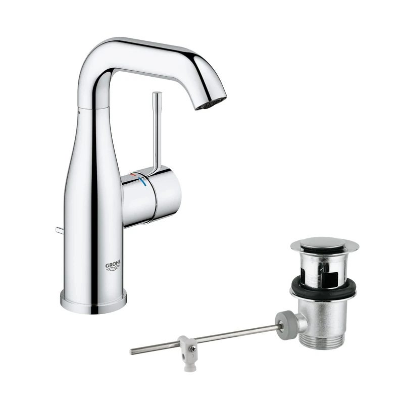 GROHE Essence Basin Tap with Pop-Up Waste Set (M-Size 193mm, Curved Swivel Spout, 28 mm Ceramic Cartridge, Water Saving, 3/8 Inch Tails, Min. Pressure 1 Bar), Chrome, 23462001