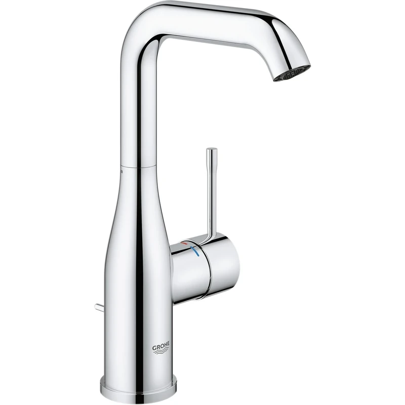 GROHE Essence Basin Mixer Tap with Pop-Up Waste Set (L-Size 244 mm, Curved High Adjustable Swivel Spout, Metal Lever, 28 mm Ceramic Cartridge, 3/8 Inch Tails), Chrome, 32628001