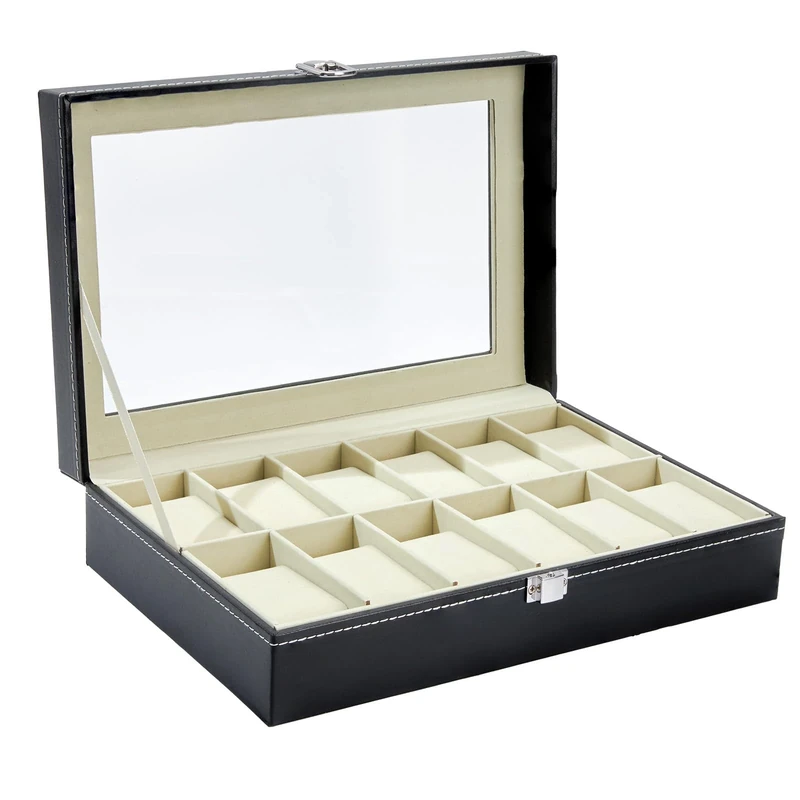 Ohuhu Watch Box with 12 Slots, Watch Case with Glass Lid, Watch Holder with Removable Velvet Pillows, PU Leather, Metal Clasp, Gift Idea for Birthday Valentine's Day