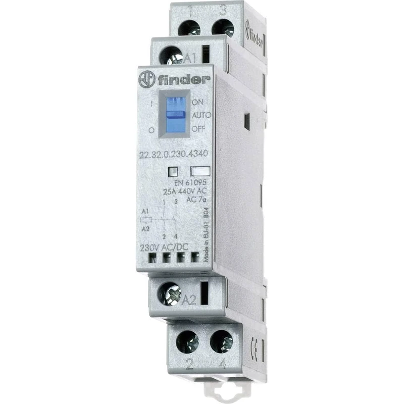 Finder 223200244340PAS Modular Contactor 24 VAC/DC 2 NO 25 A AgSnO2 Mechanical Indicator/LED with Selector