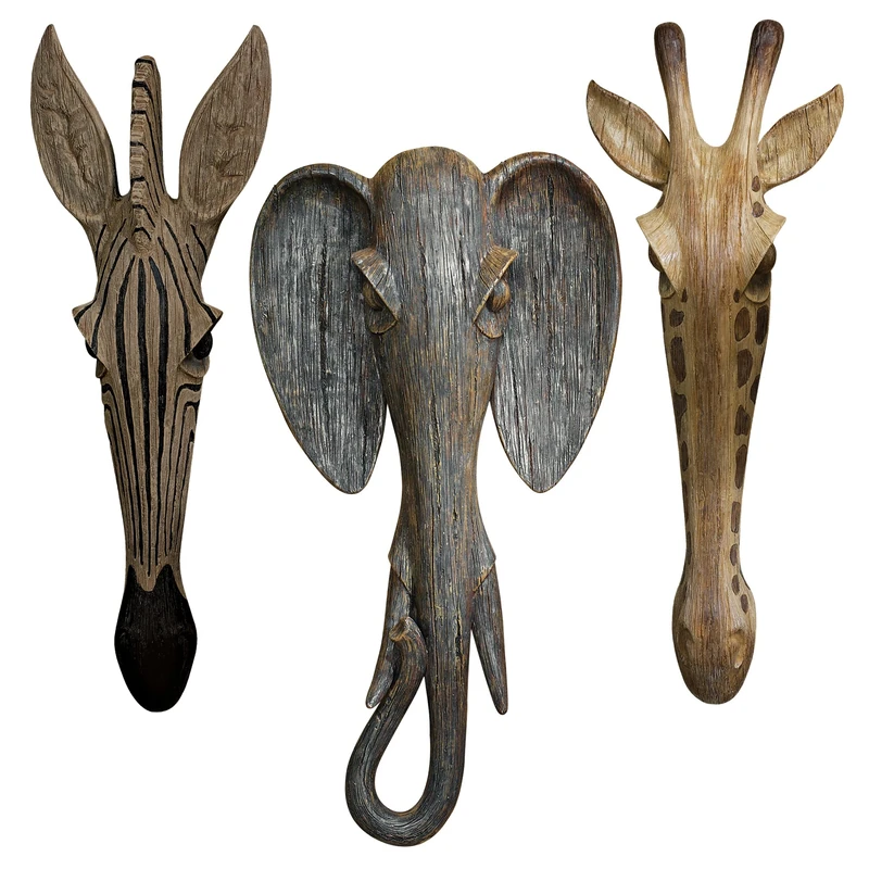 Design Toscano Animal Masks of the Savannah Wall Decor Sculpture, Set of Three Giraffe, Zebra and Elephant, Polyresin, Full Colour, 42 cm