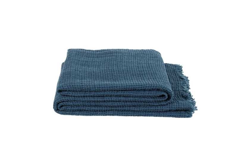 'zoeppritz since 1828' Honeybee Plaid - Soft Linen Blanket - Plain Woven Plaid with Fringes Made of Natural Materials - 170 x 230 cm - 790 Deep Pacific