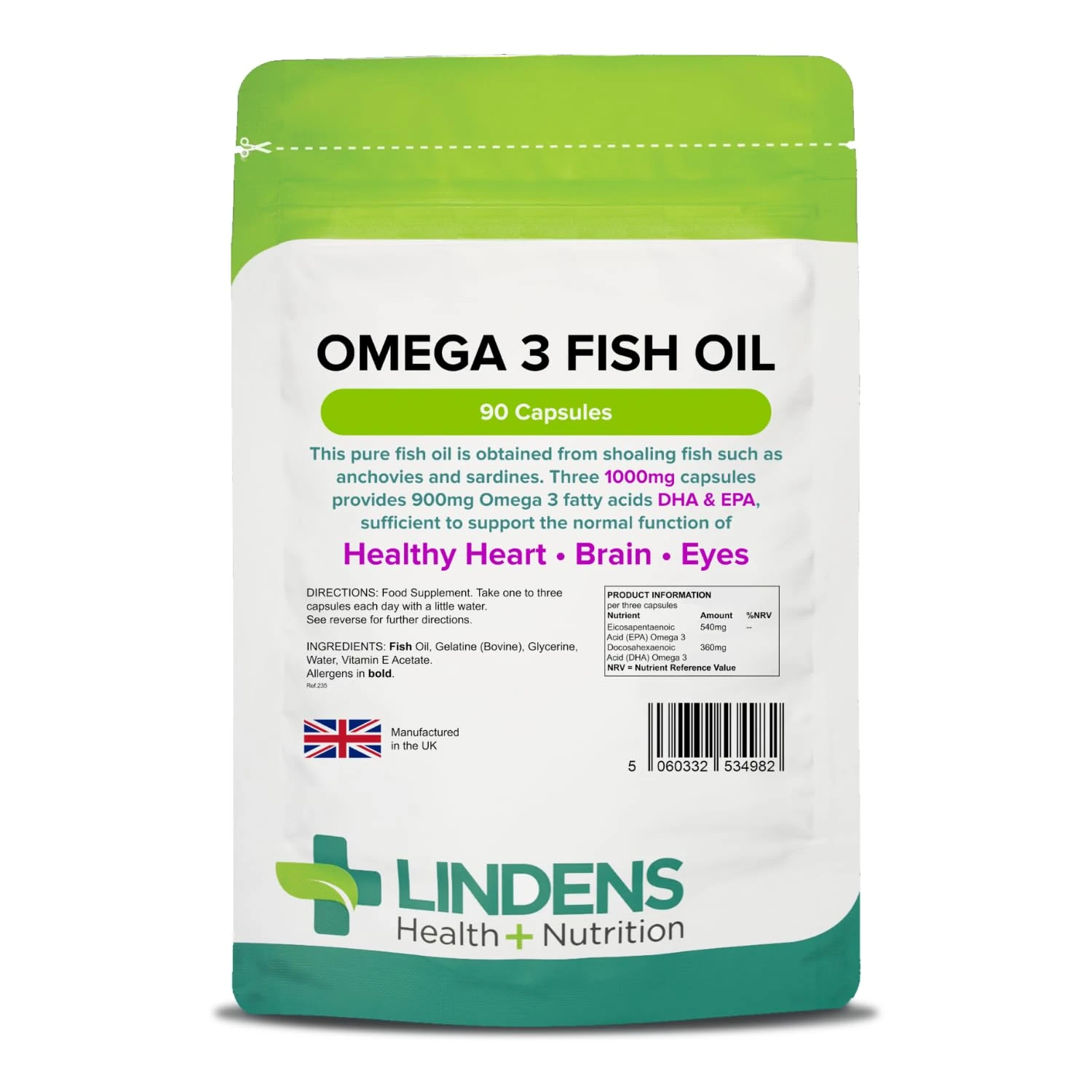 Lindens Omega 3 Fish Oil Capsules - 90 Pack - 3,000mg Daily Intake - UK Made - Supports Normal Function of Healthy Heart, Brain & Eyes - GMP & Letterbox Friendly