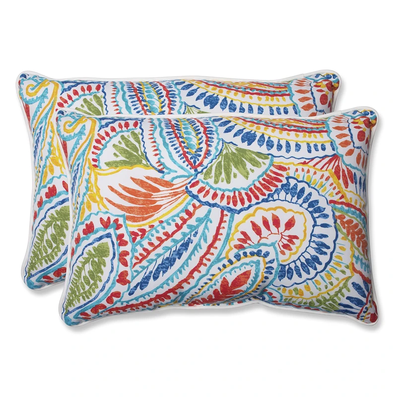 Pillow Perfect Paisley Indoor/Outdoor Accent Throw Pillow, Plush Fill, Weather, and Fade Resistant, Large Lumbar - 16.5" x 24.5", Blue/Multi Ummi, 2 Count