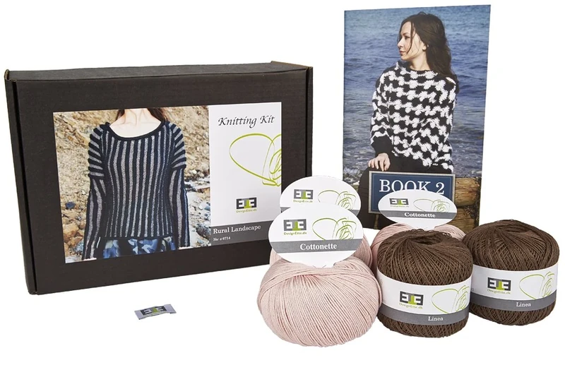 DesignEtte Knitting Kit Rural Landscape 100 Percent Linen Pure Mercerized Egyptian Cotton Blend Cutch Tree/Rose XL No-s-8714 Includes Yarn Pattern Booklet Plus A Label, silk