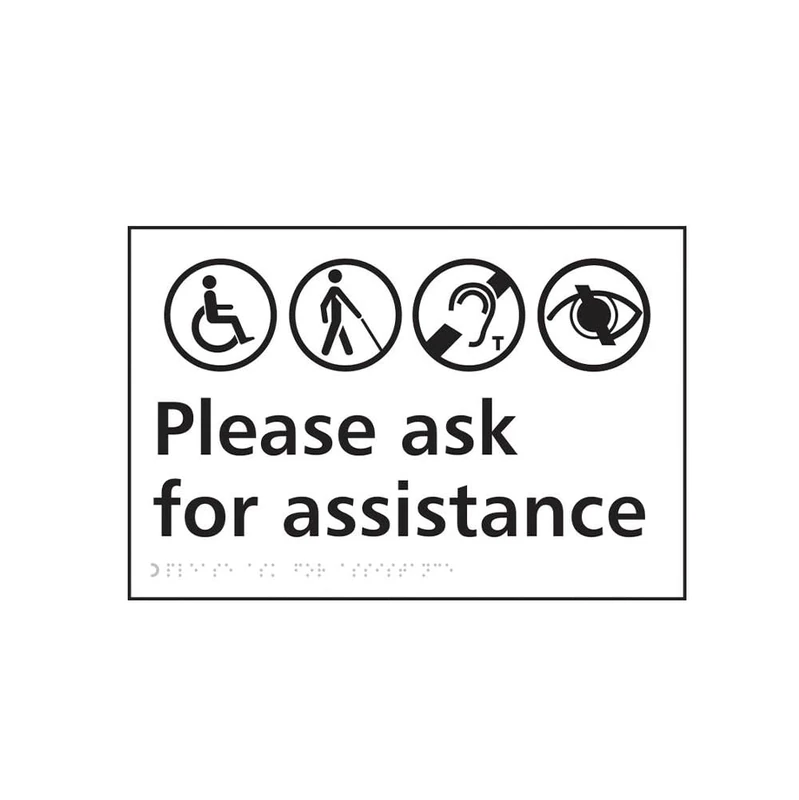 Please ask for assistance Braille Tactile Sign Self Adhesive White W300mm x H200mm - Image 1