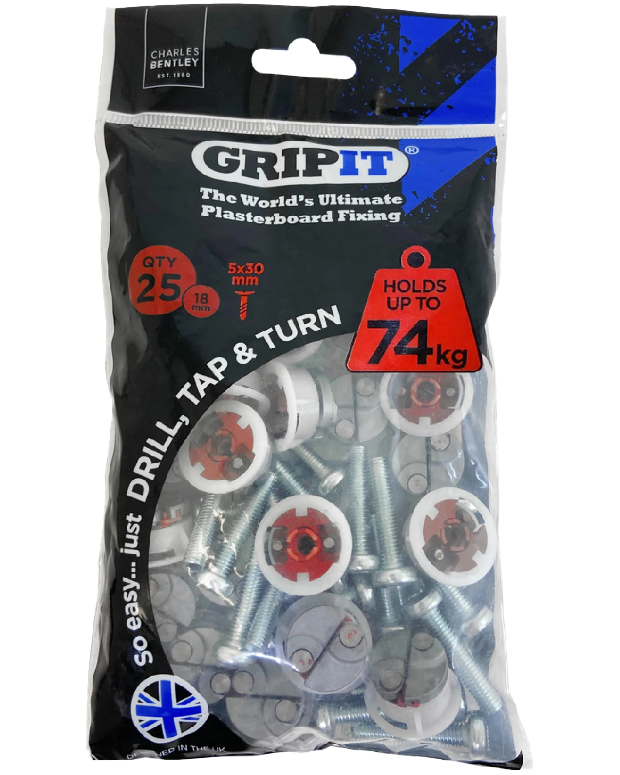 Gripit Red Plasterboard Fixings - Heavy Duty Plasterboard Fixings for Drywall & Stud Walls, Holds Up to 74kg - Ideal for Shelves, Shower Units and Speakers - Easy Install & UK Designed (25 Pack)
