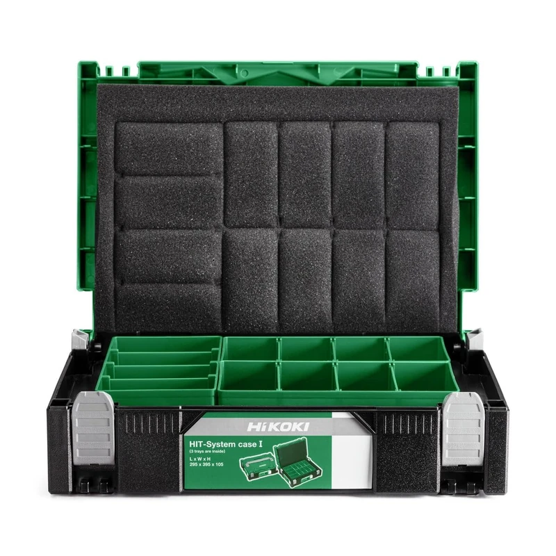 HIKOKI Transportkoffer HSC I (universelle Aufbewahrung und Transport von Zubehör und Werkzeug, stapelbar, Grün-Schwarz, inkl. Schaumstoffeinlagen, 295x395x105mm)