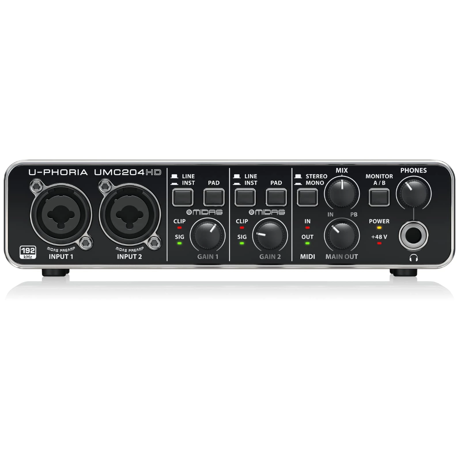 Behringer UMC204HD Audiophile 2x4, 24-Bit/192 kHz USB Audio/MIDI Interface with Midas Mic Preamplifiers | For Recording Microphones and Instruments