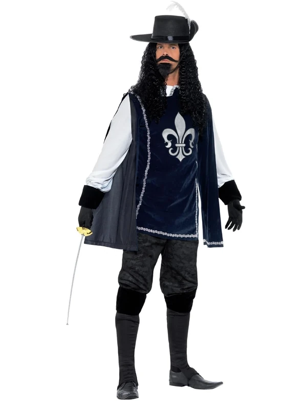 Smiffys Musketeer Male Costume, with Top, Hat, Navy Gloves, Boot Covers, Beard & Tash, Historical Fancy Dress, Medieval Dress Up Costumes, World Book Day
