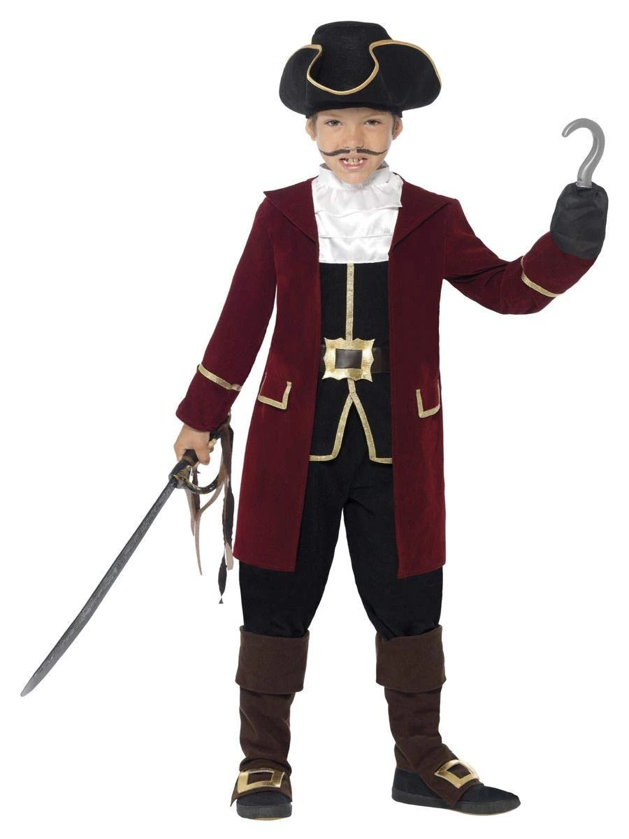 Smiffys Deluxe Pirate Captain Costume, Black Jacket, Mock Waistcoat, Trousers, Neck Scarf & Hat, Boys Fancy Dress, Pirate Dress Up Costumes
